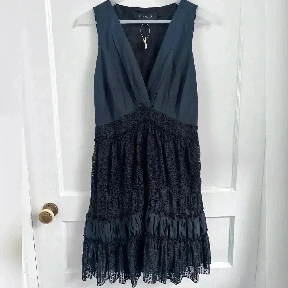 Thakoon Eyelet Lace Black V Neck Mini Silk Sleeveless Dress LIKE NEW